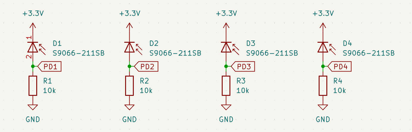 フォトダイオード回路図。出力にPD1〜PD4のラベル