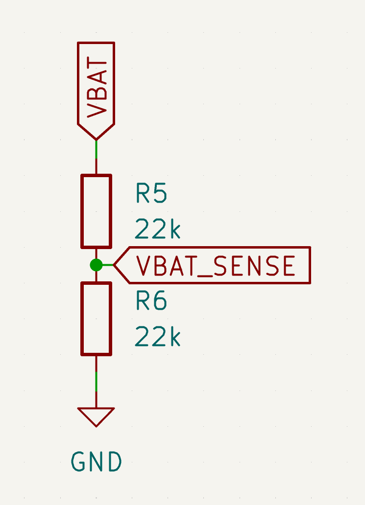 模擬衛星MAIN基板の回路図。電池電圧VBATを22kΩ2本で分圧しVBAT_SENSEとしてADCに入れている実例