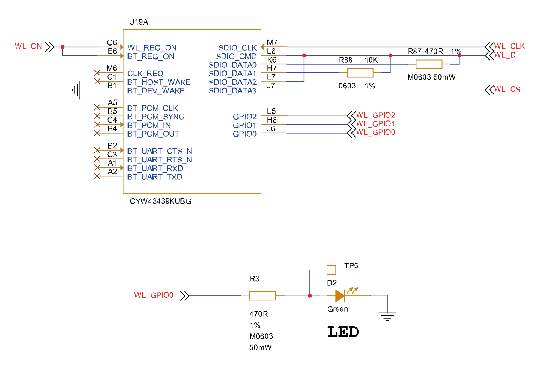 Pico WのオンボードLED（D2）が無線チップCYW43439のWL_GPIO0につながる回路図