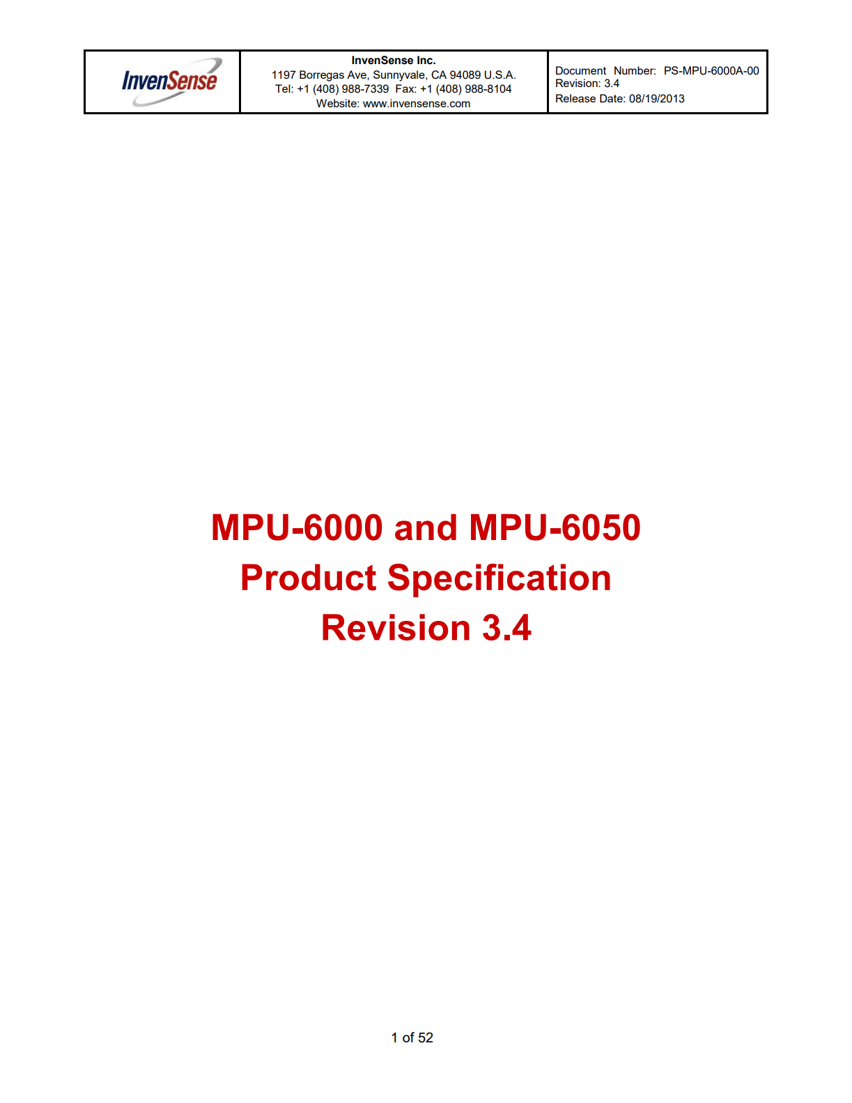 MPU6050 Product Specification の表紙
