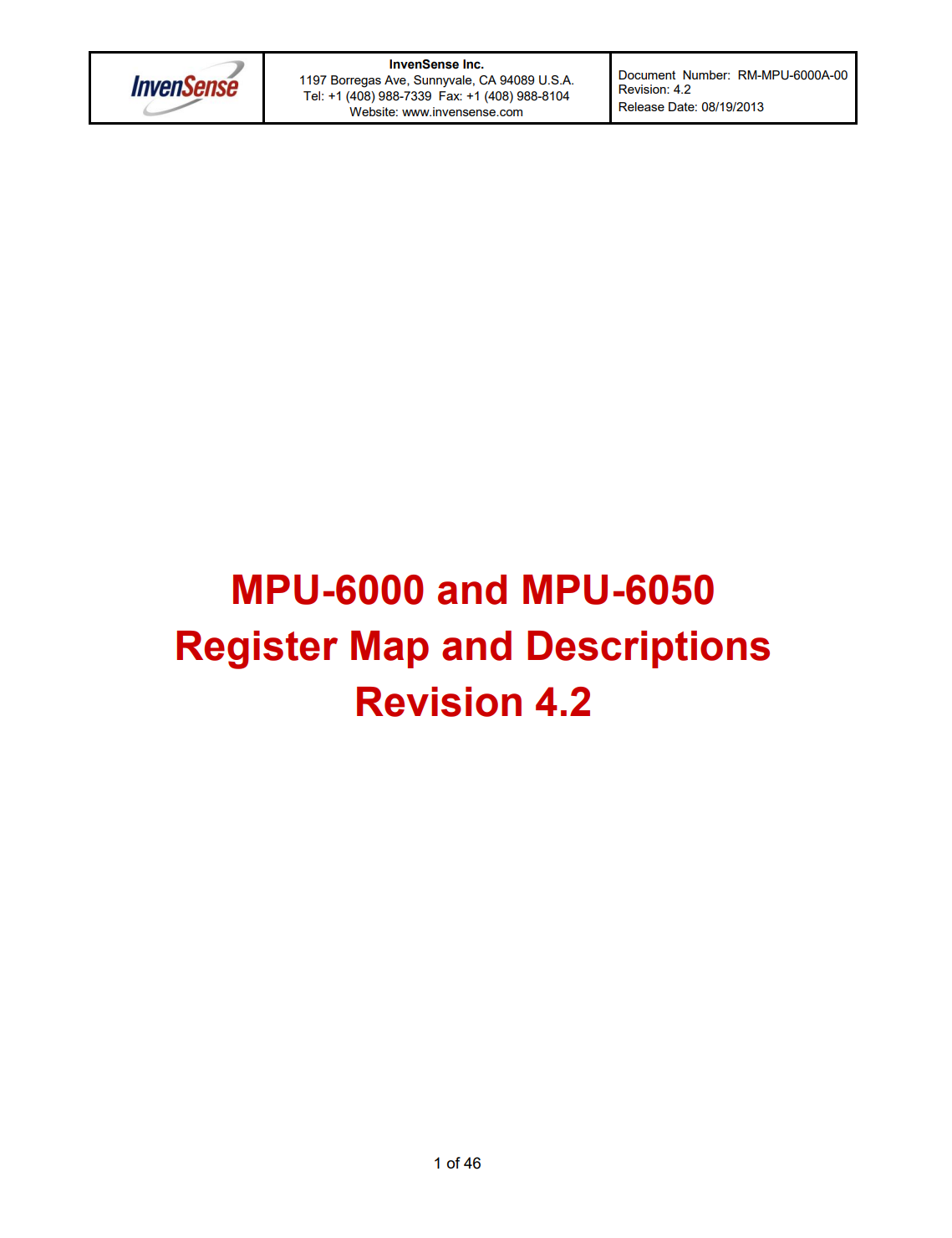 MPU6050 Register Map and Descriptions の表紙