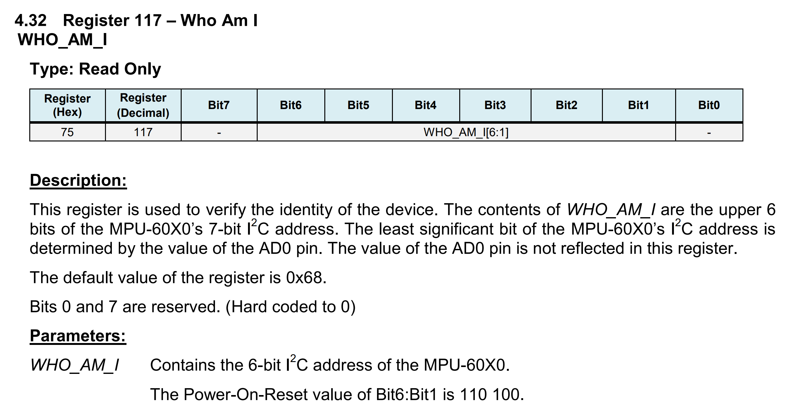 MPU6050 Register Map の WHO_AM_I の記載箇所