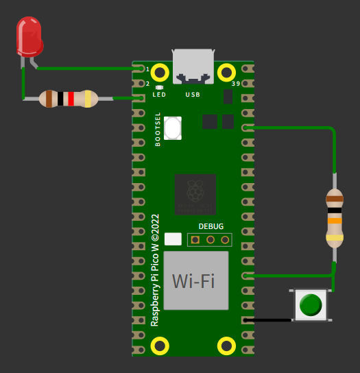 LED＋抵抗と、外付けプルアップ抵抗つきスイッチを Raspberry Pi Pico W に配線した回路