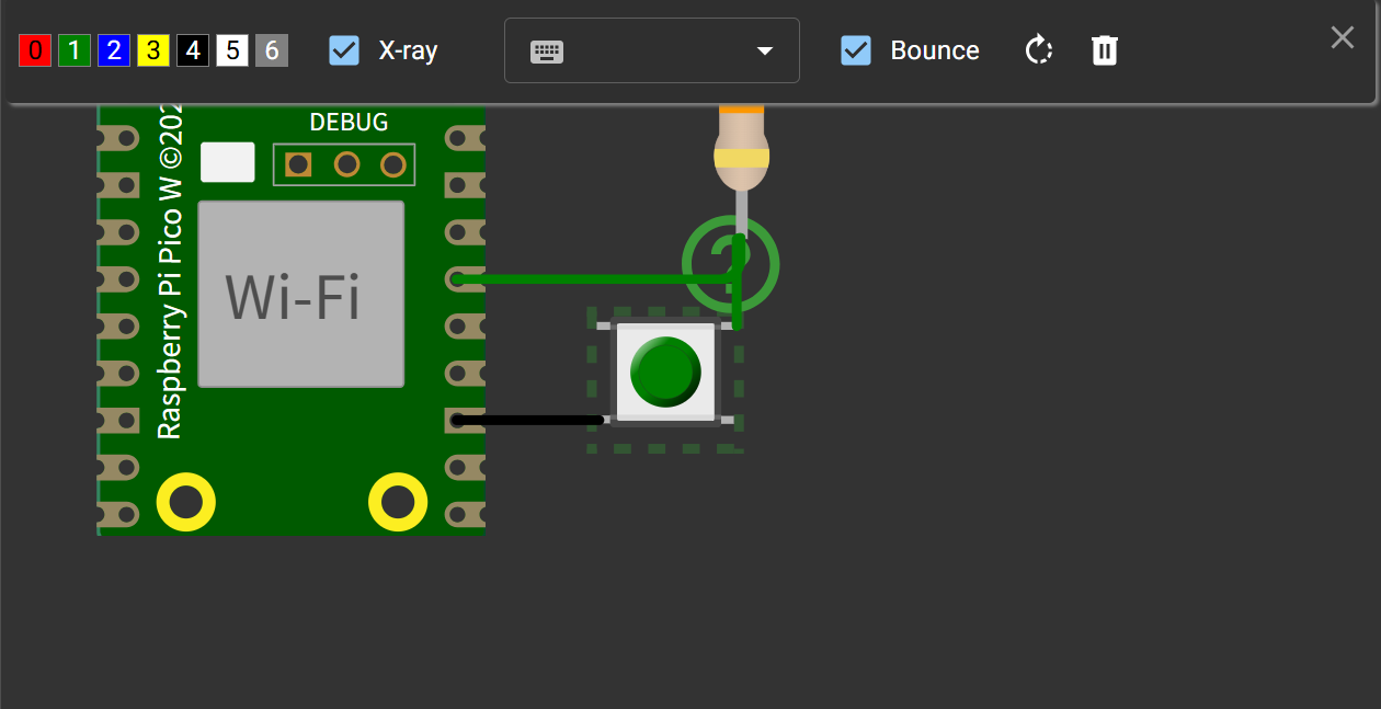 Wokwi 上部のツールバーで「Bounce」にチェックが入った状態。Raspberry Pi Pico W にプッシュボタンと LED を配線