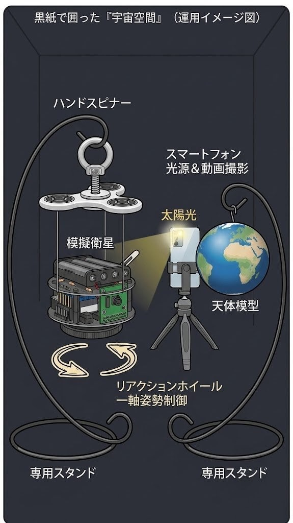 黒紙で囲った宇宙空間。吊り下げた模擬衛星、スマホの光源（太陽）、天体模型（撮影対象）