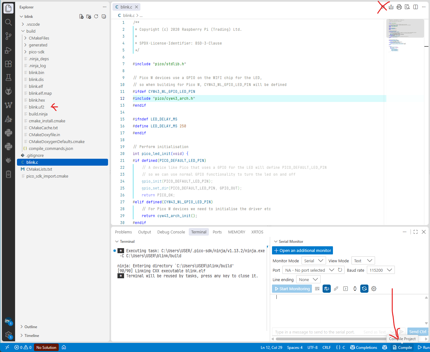 VS Code の画面。build フォルダに blink.uf2 が生成され、ターミナルにビルドログが出ている。ステータスバーの Compile ボタンとエディタ右上の実行ボタンに手描きの注記がある
